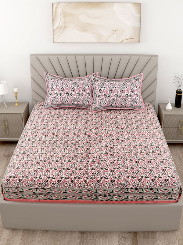 Green Orange Floral Printed Cotton 200TC King Bedsheet With 2 Zipper Pillow Covers - King Size by House of Ree - Distacart