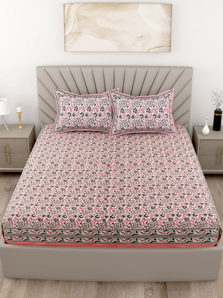 Green Orange Floral Printed Cotton 200TC King Bedsheet With 2 Zipper Pillow Covers - King Size by House of Ree - Distacart