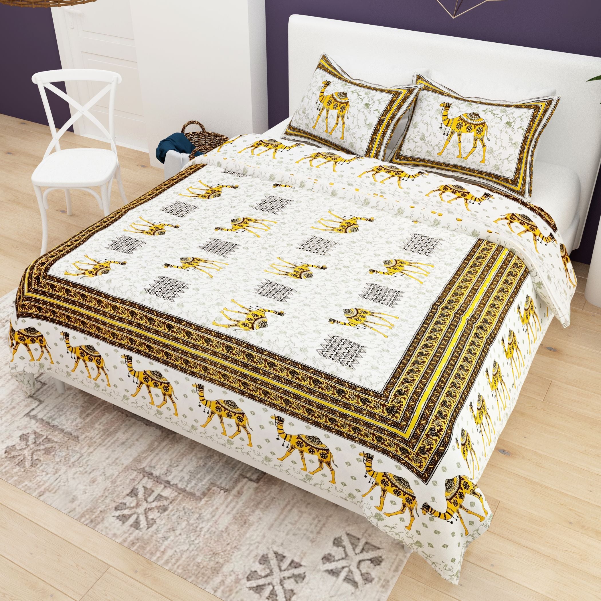 Yellow White Ethnic Motifs Cotton 200TC King Bedsheet With 2 Zipper Pillow Covers - King Size by House of Ree - Distacart