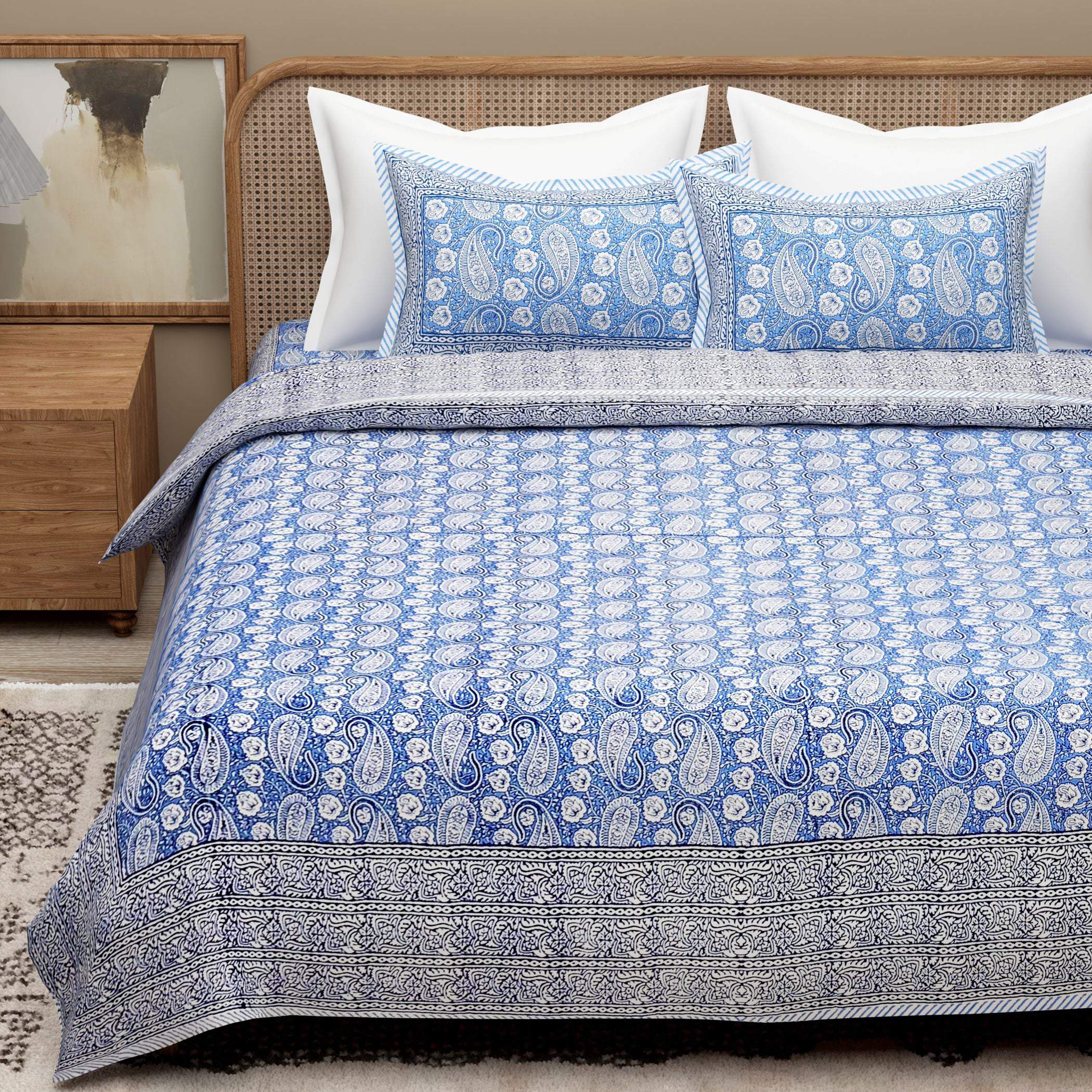 Blue Ethnic Motifs Cotton King Bedsheet With 2 Zipper Pillow Covers - Super King Size by House of Ree - Distacart