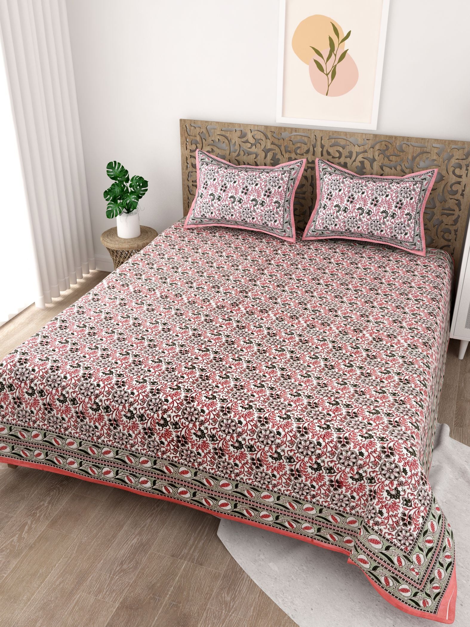 Green Orange Floral Printed Cotton 200TC King Bedsheet With 2 Zipper Pillow Covers - King Size by House of Ree - Distacart