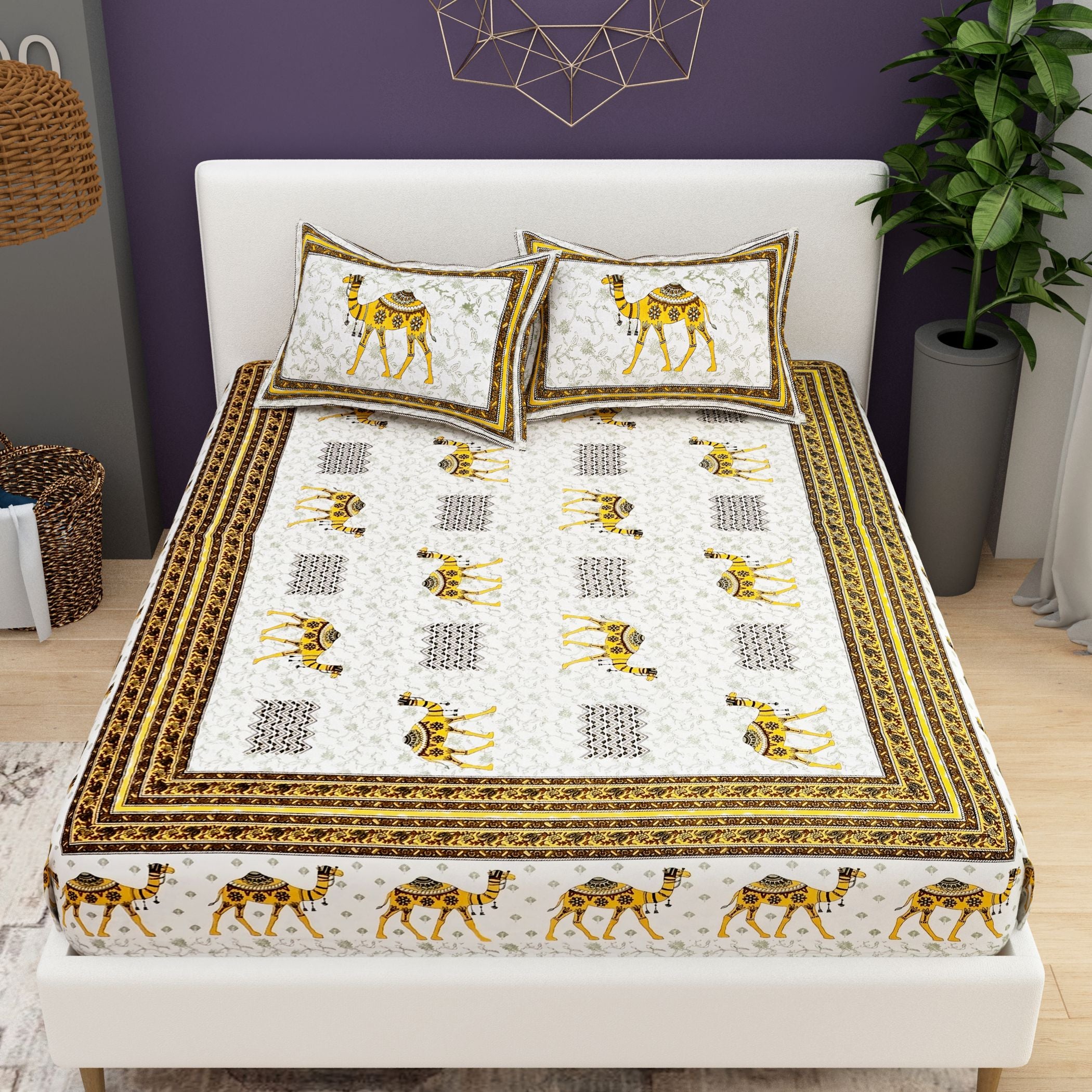 Yellow White Ethnic Motifs Cotton 200TC King Bedsheet With 2 Zipper Pillow Covers - King Size by House of Ree - Distacart