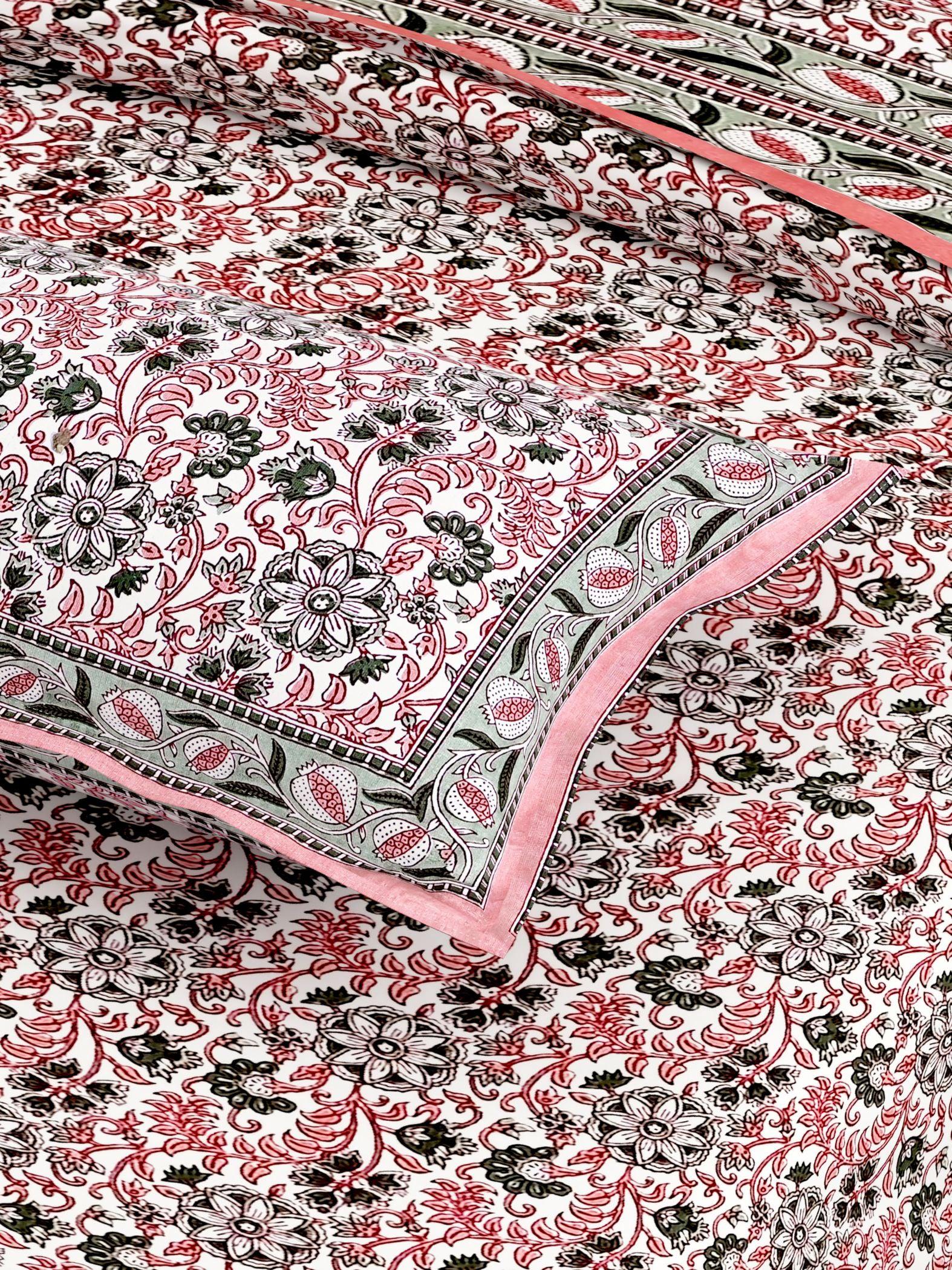 Green Orange Floral Printed Cotton 200TC King Bedsheet With 2 Zipper Pillow Covers - King Size by House of Ree - Distacart