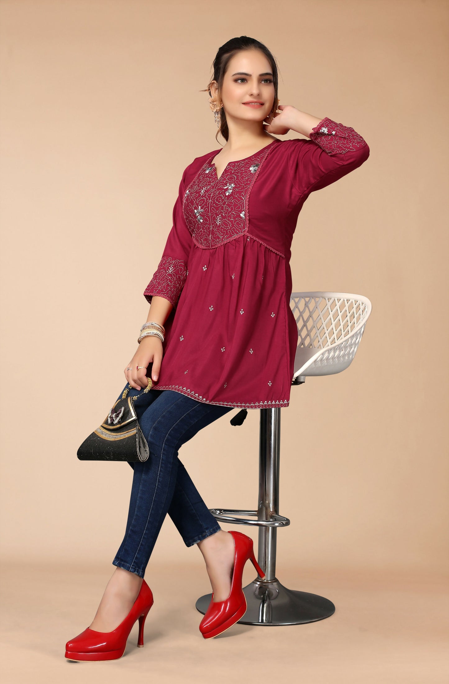 Women's Maroon Viscose blend Embroidered Short Top - Marina - Distacart