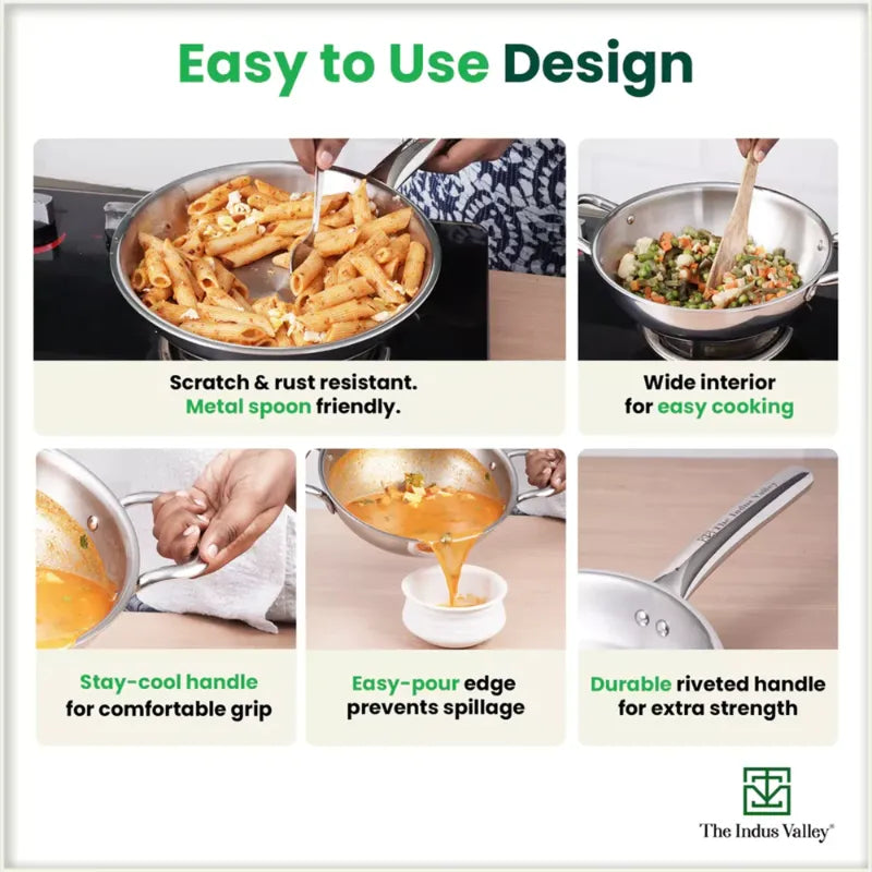 The Indus Valley TurboCuk Tri-ply Stainless Steel Cookware Set: 3L Kadai with Lid + 1.4L Fry Pan, Premium Quality, 3 Layer Thick Body, 100% Toxin-free, Non-stick, Induction & Gas