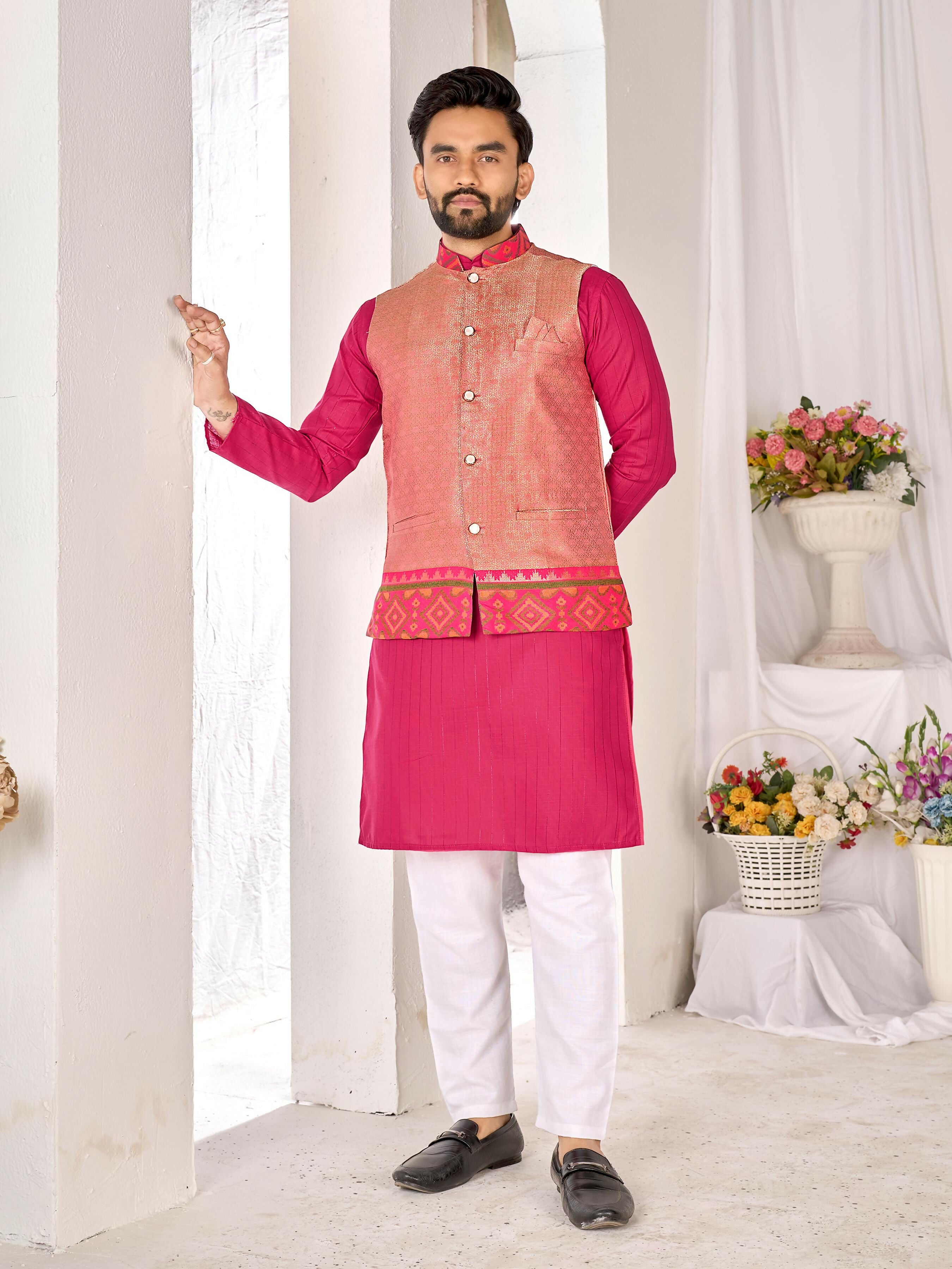 Anaita Peach Cotton Straight Kurta Pajama & Koti With Jequard Work - Distacart