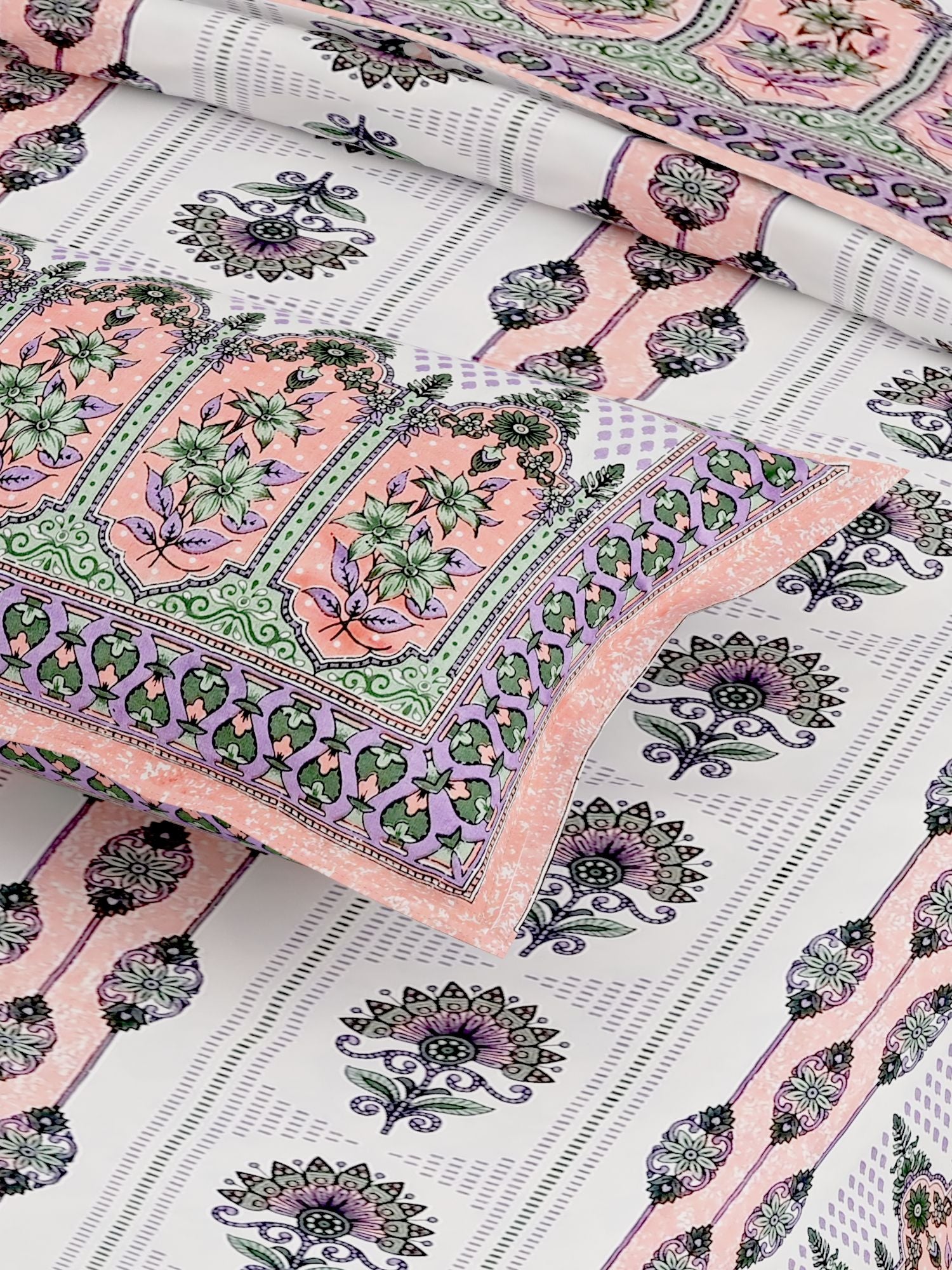 Off White Ethnic Motifs Cotton 220 TC King Bedsheet With 2 Zipper Pillow Covers - King Size by House of Ree - Distacart