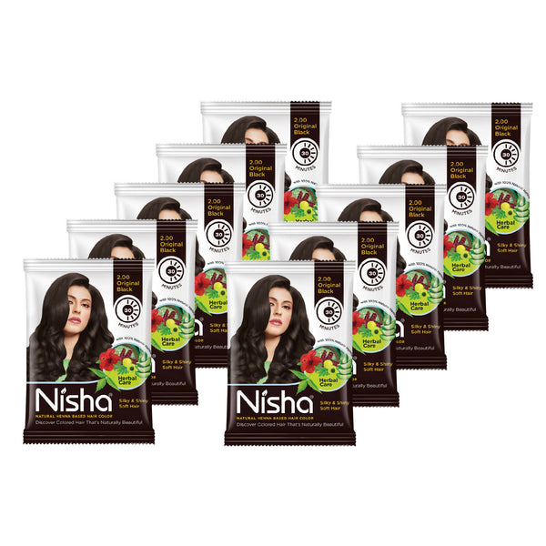 Nisha Henna Based Hair Colour for Women & Men - Original Black (Pack of 10) - Distacart