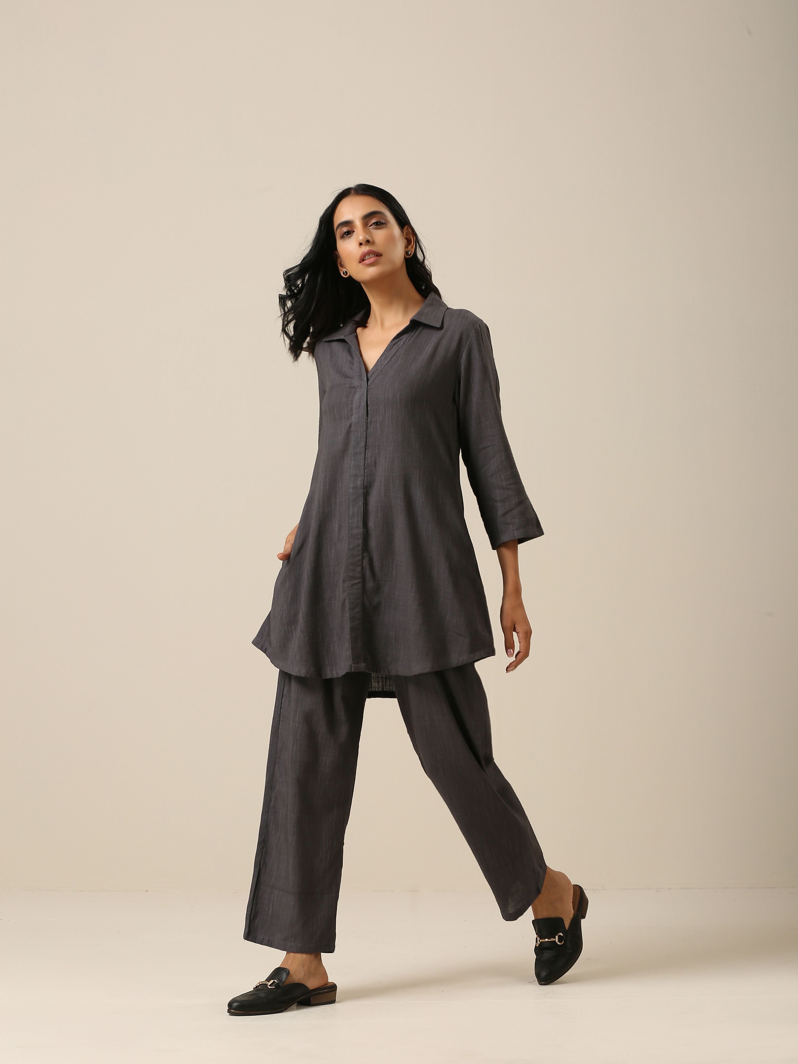 trueBrowns Slate Grey Slub Texture Collar Short Co-Ord Set - Distacart
