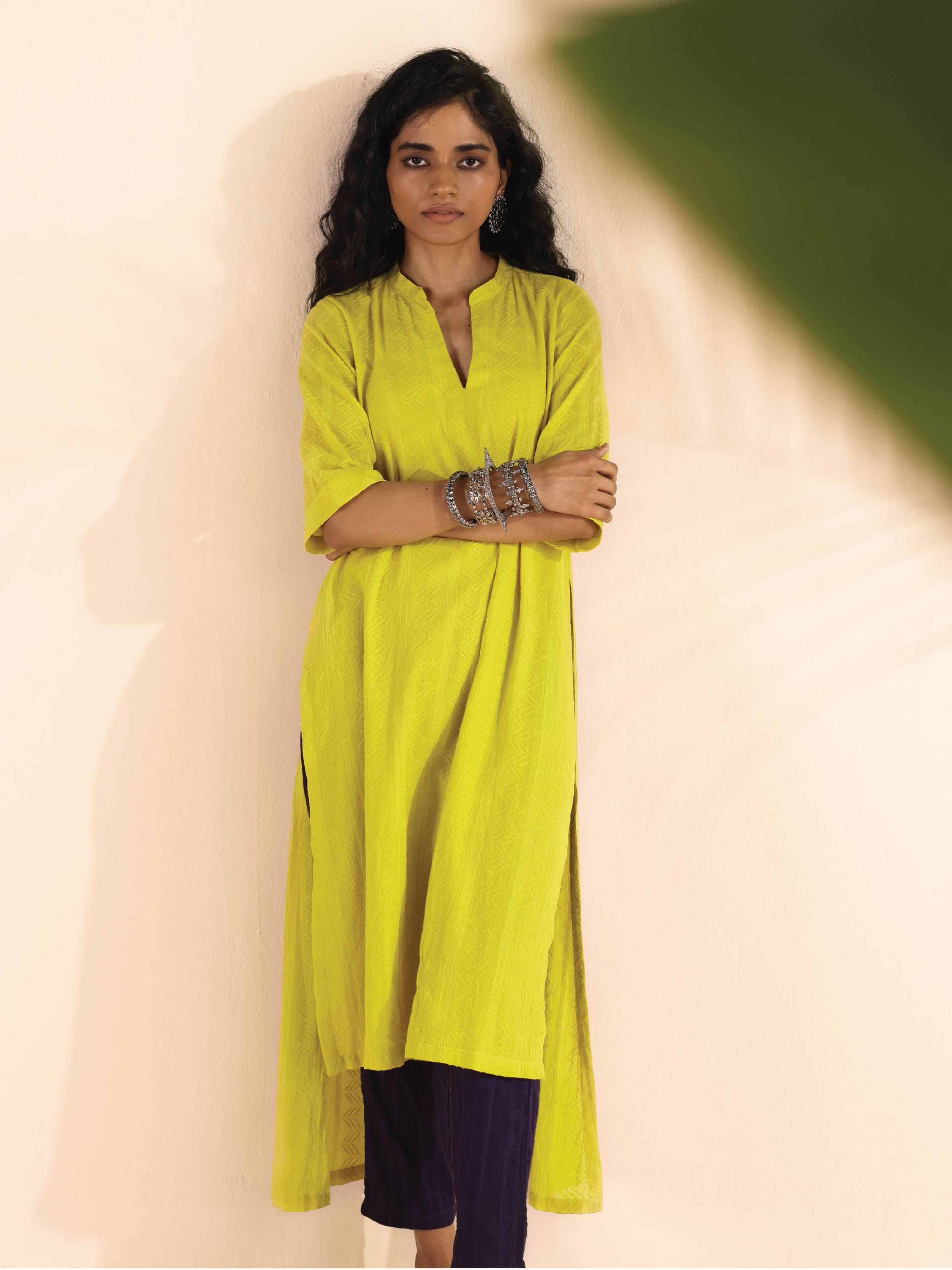 trueBrowns Lime Cotton Dobby High-Low Kurta Pant Set - Distacart