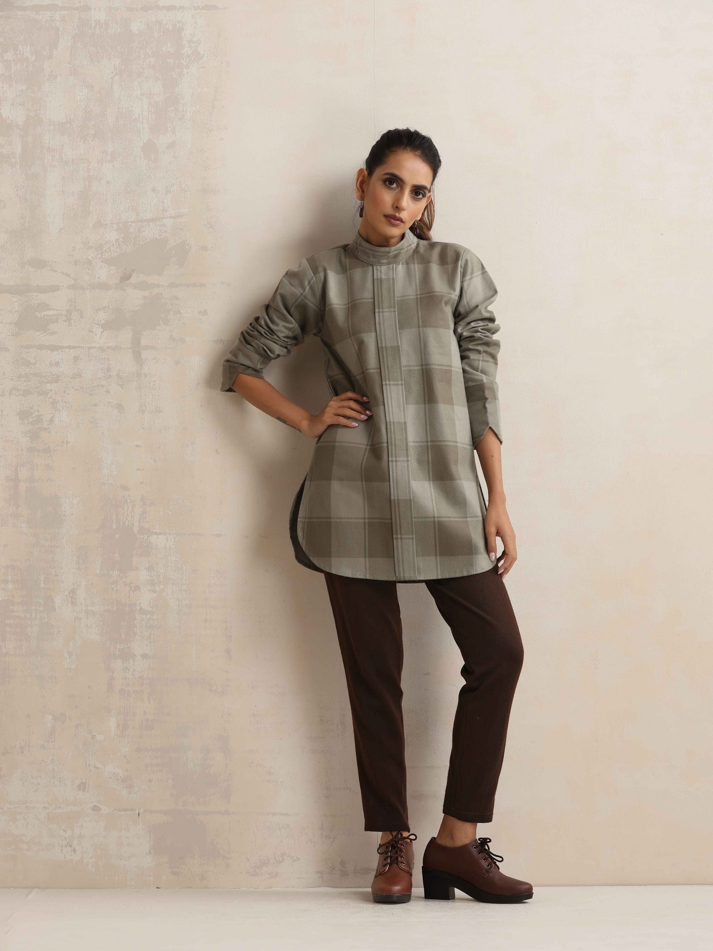 trueBrowns Green Check High Neck Winter Top - Distacart