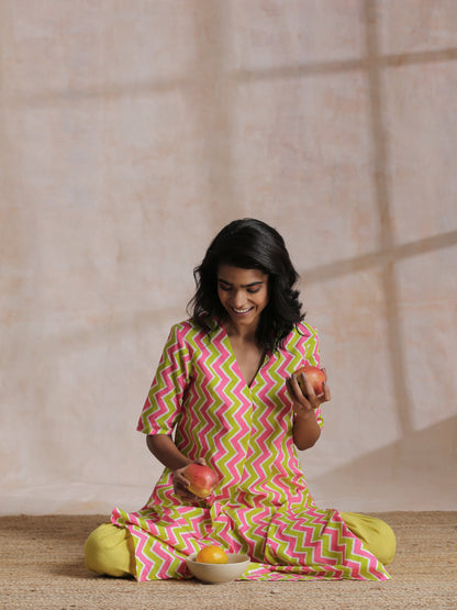 trueBrowns Lime Pink Zig-Zag Lines Print Cotton Kurta Pant Set - Distacart
