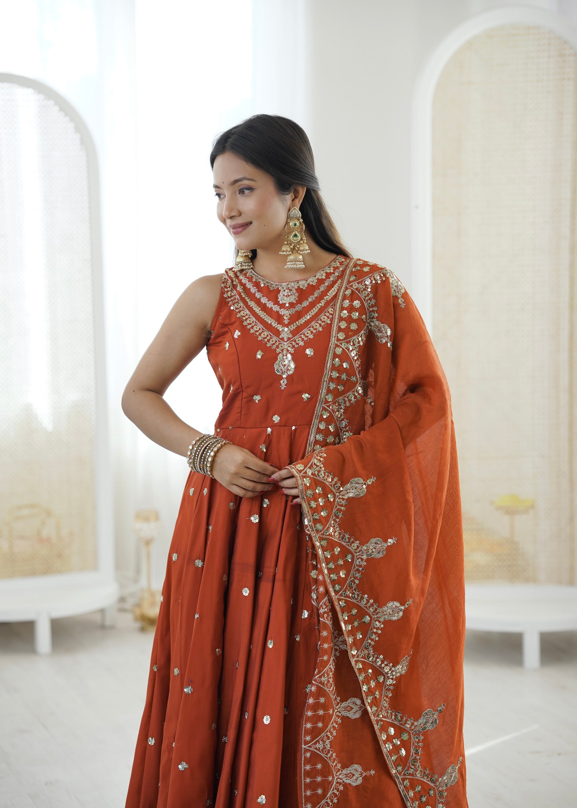 Anaita Rust Silk Readymade Anarkali Suit with Embroidery & Sequence Work - Dista