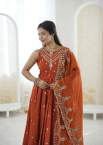 Thumbnail for Anaita Rust Silk Readymade Anarkali Suit with Embroidery & Sequence Work - Dista