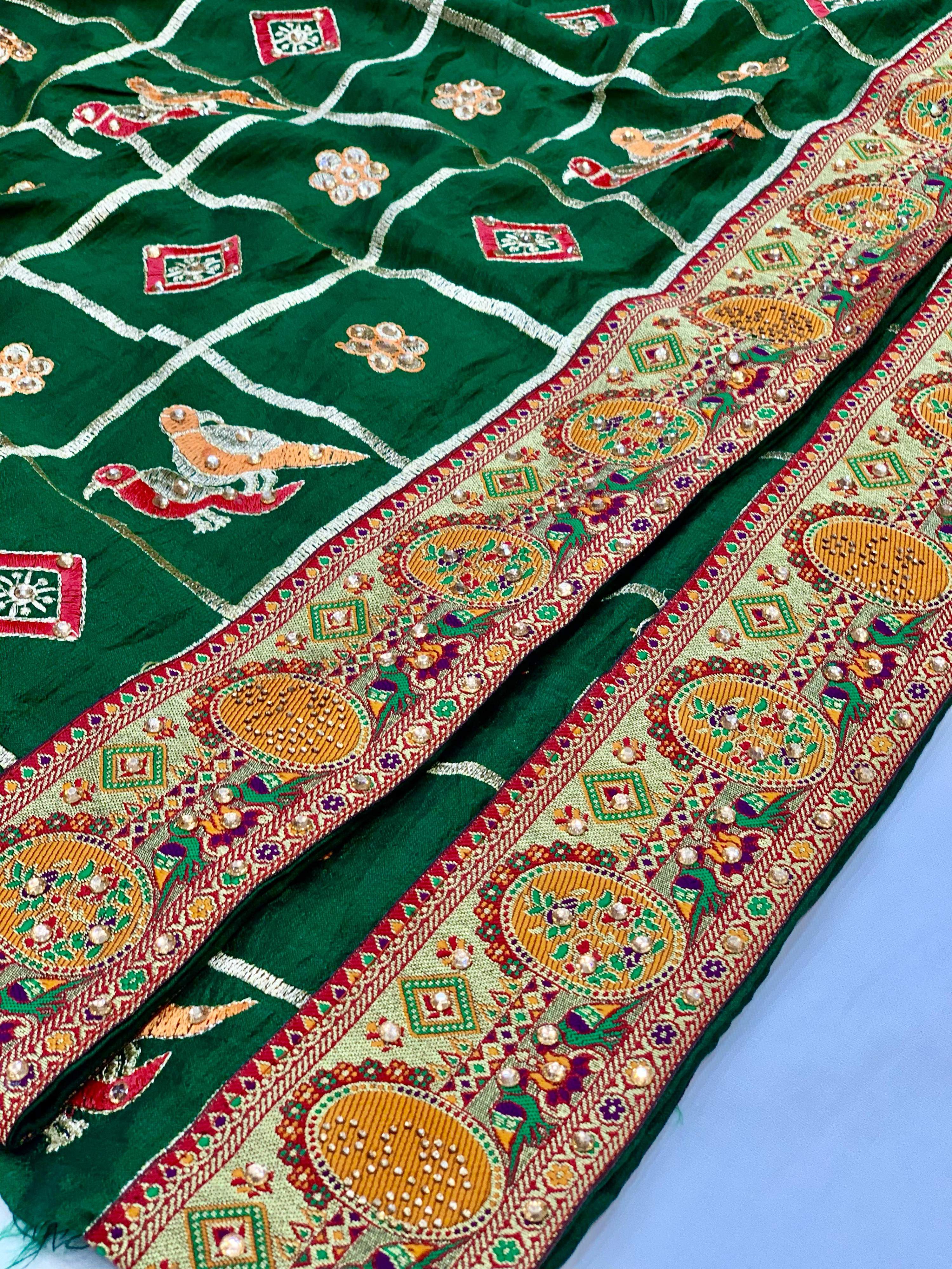 Lorenvalley Fashion Premium Green Vichitra Silk Embroidery and Diamond work Both Side Saree - Distacart