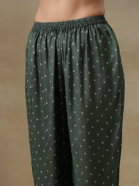 Thumbnail for trueBrowns Dark Green Bandhani Printed Silk Angrakha Kurta Pant Set - Distacart