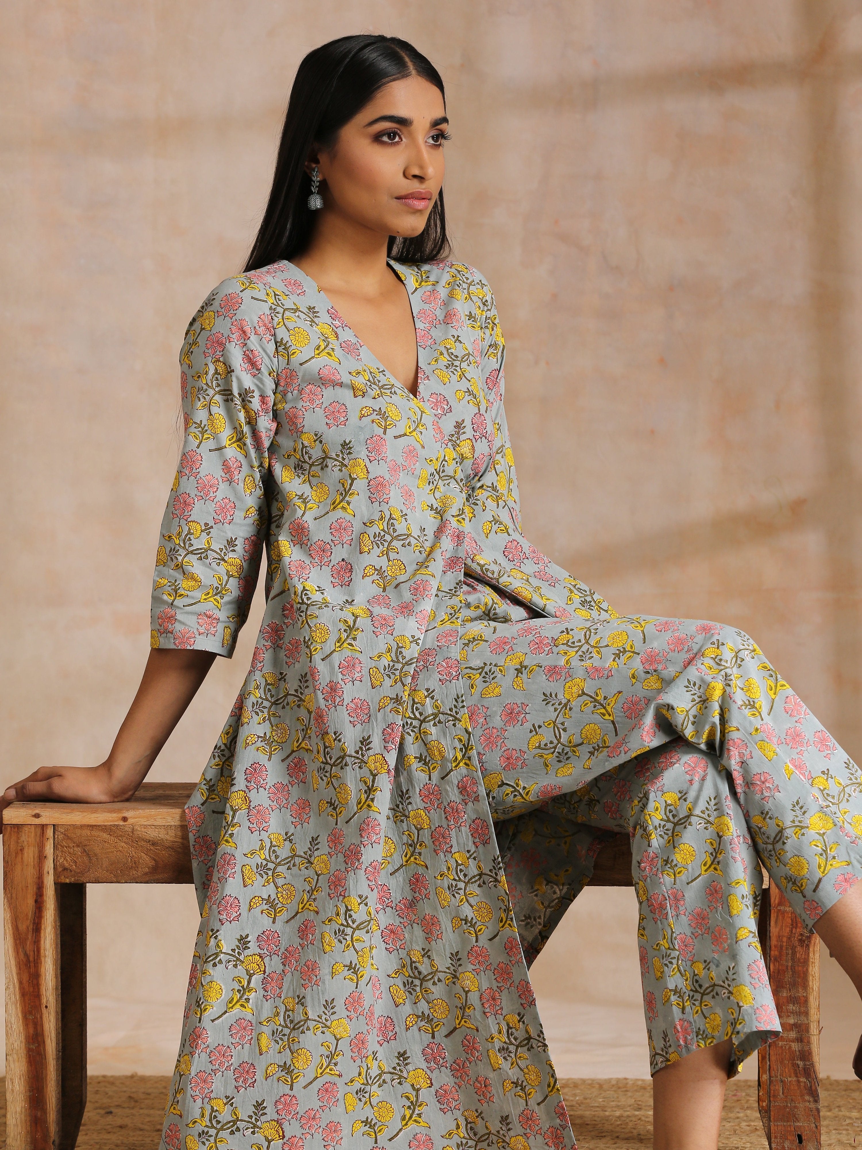 trueBrowns Grey Overall Floral Block Print Cotton Angrakha Kurta Pant Set - Distacart