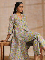 Thumbnail for trueBrowns Grey Overall Floral Block Print Cotton Angrakha Kurta Pant Set - Distacart