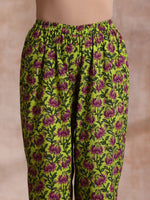 Thumbnail for trueBrowns Lime Green Overall Pink Floral Block Print Cotton Flared Kurta Pant Set - Distacart
