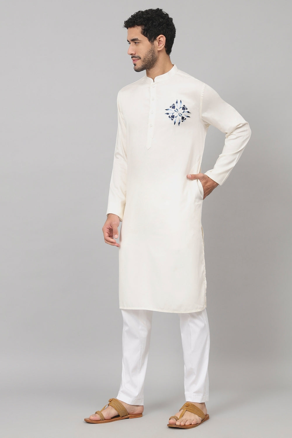 Motif Embroidered Cotton Kurta by Hilo Design