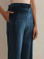 Thumbnail for trueBrowns Blue Velvet Embroidered Kurta Pant Dupatta Set - Distacart