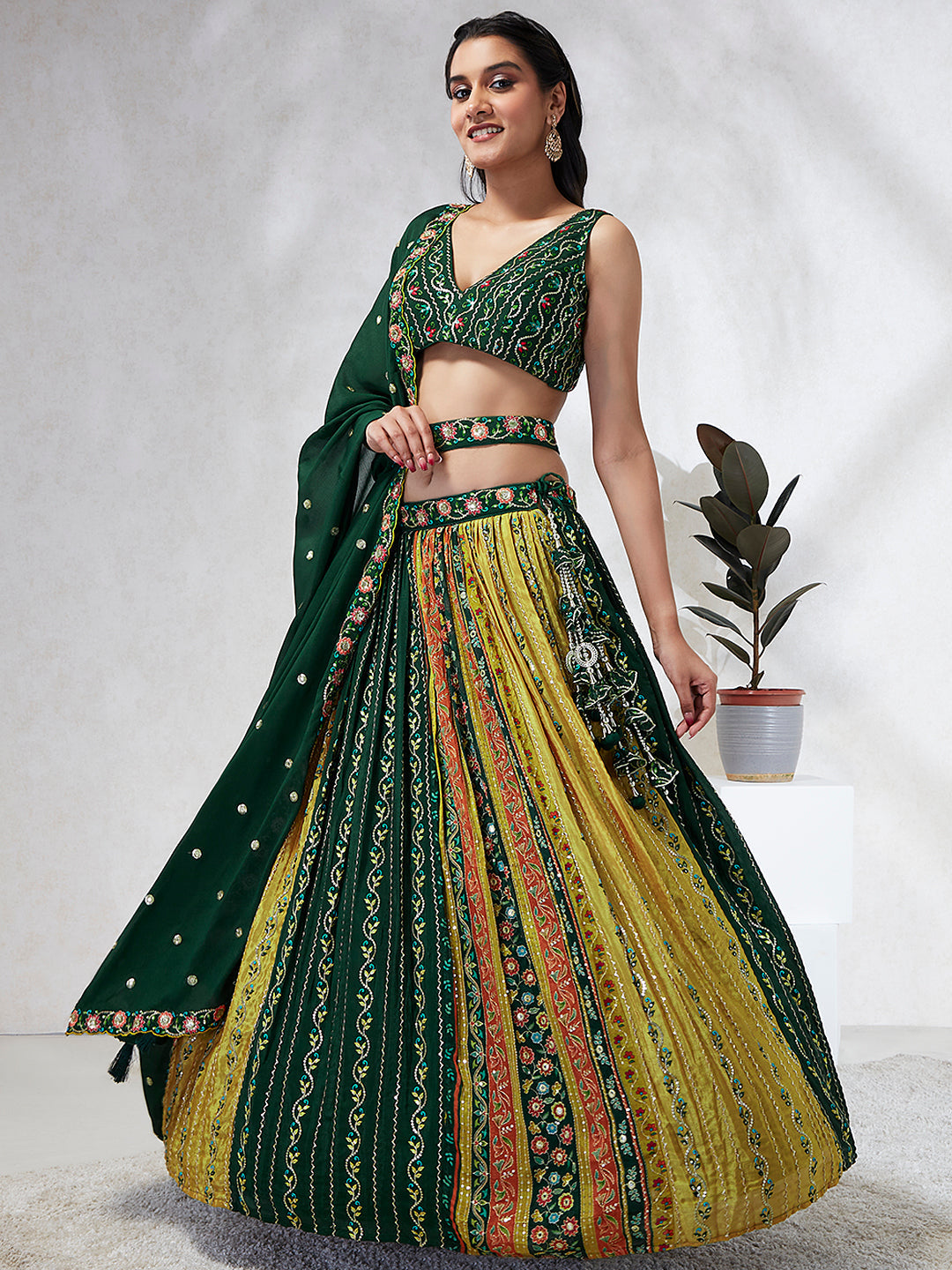 House of Panchhi Navy Blue Pure Georgette Sequins And Thread Embroidery Lehenga Choli & Dupatta - Distacart