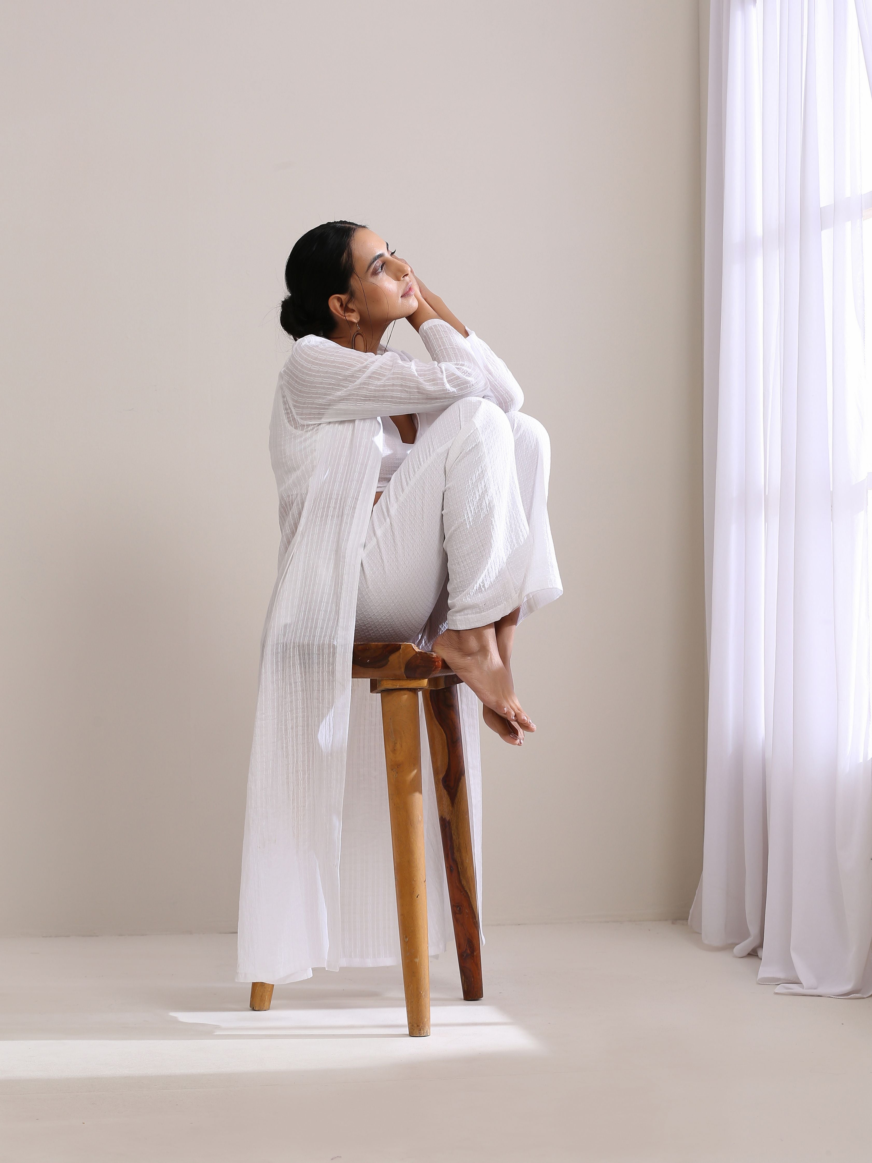 trueBrowns White Dobby Overlay Jacket Blouse Pant Set - Distacart