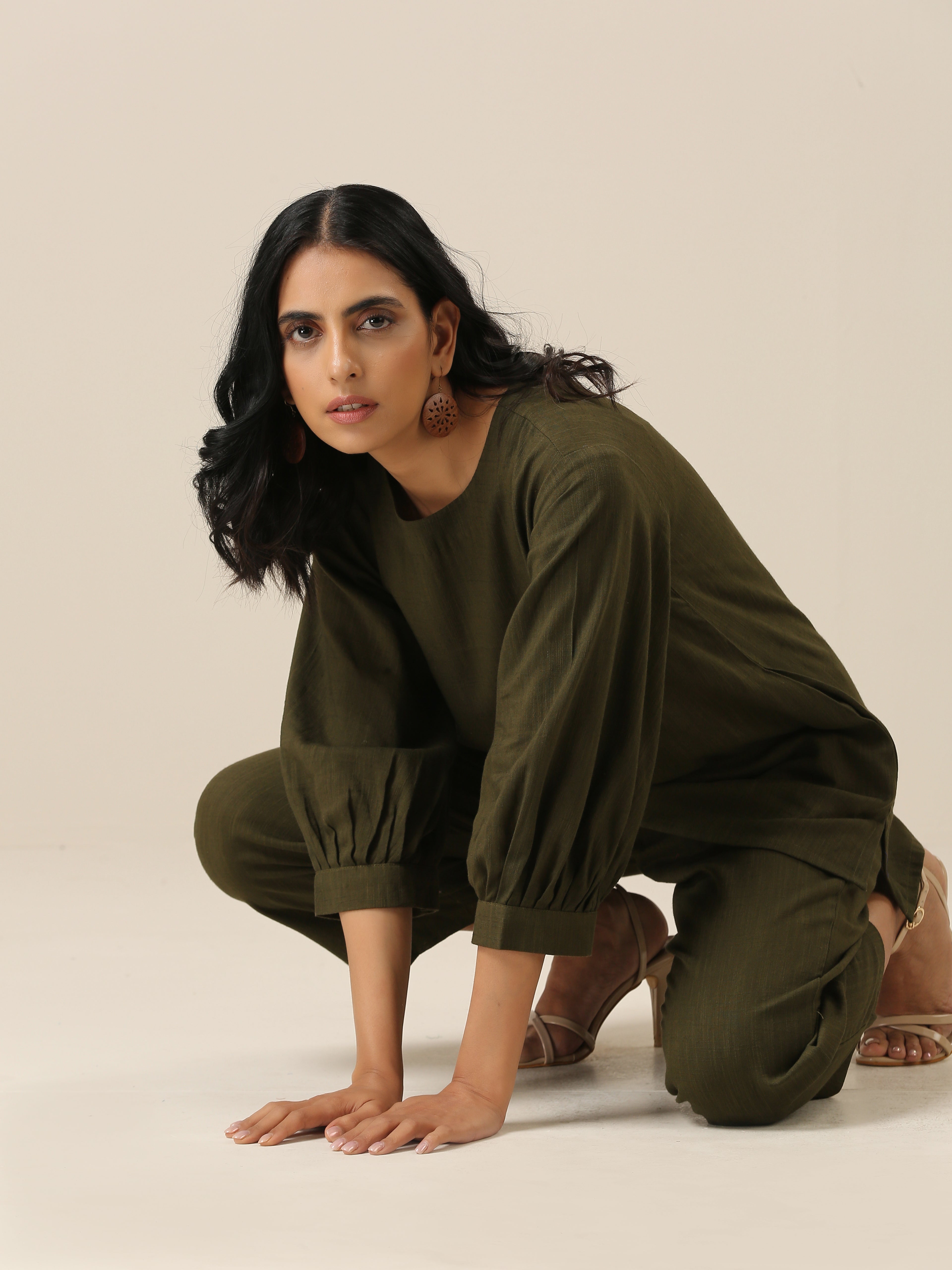 trueBrowns Olive Green Slub Texture Baggy Sleeve Co-Ord Set - Distacart