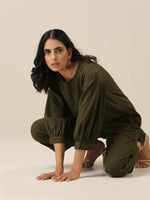 Thumbnail for trueBrowns Olive Green Slub Texture Baggy Sleeve Co-Ord Set - Distacart