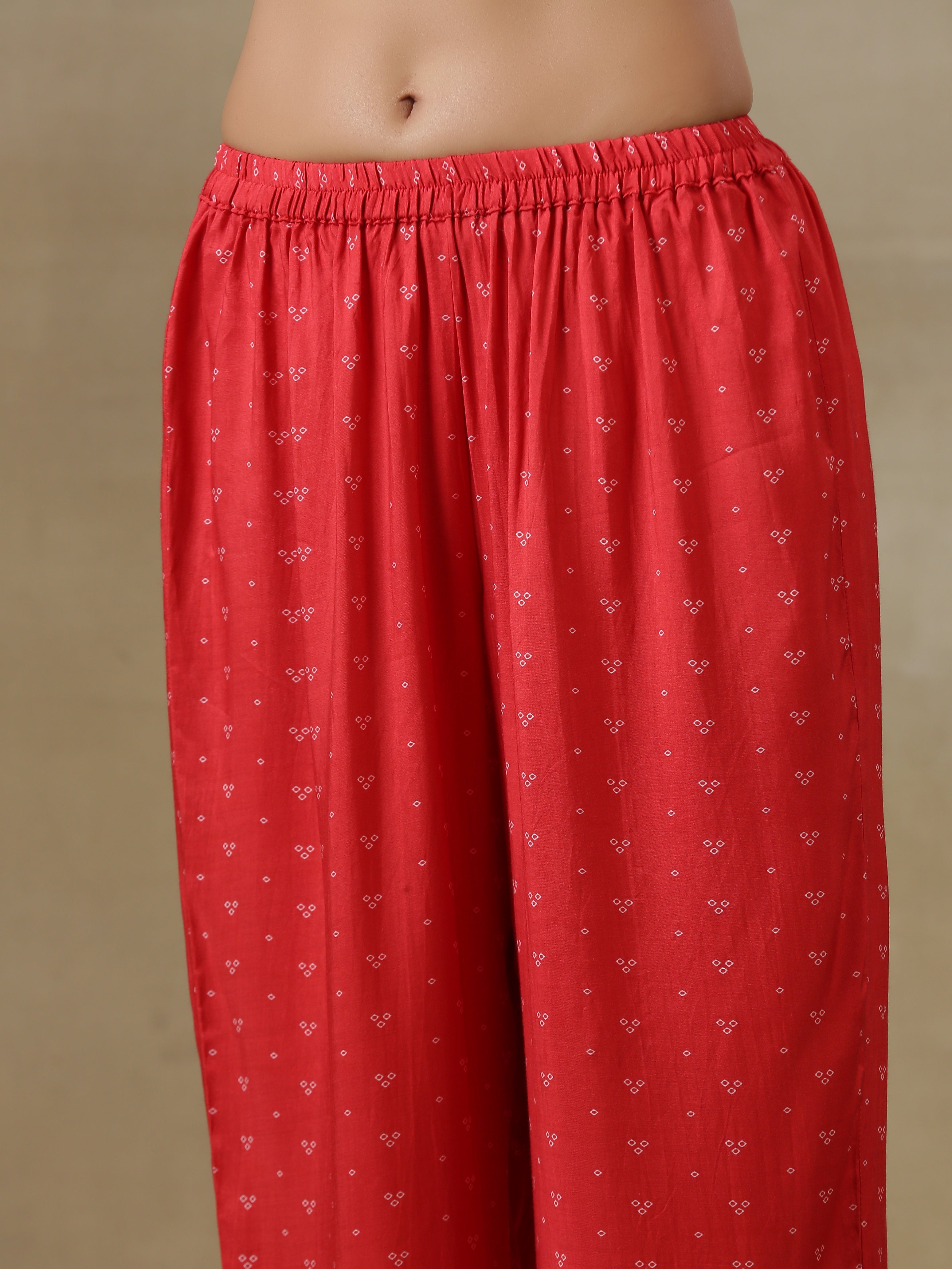 trueBrowns Red Bandhani Printed Silk Panel Kaftan Kurta Pant Set - Distacart