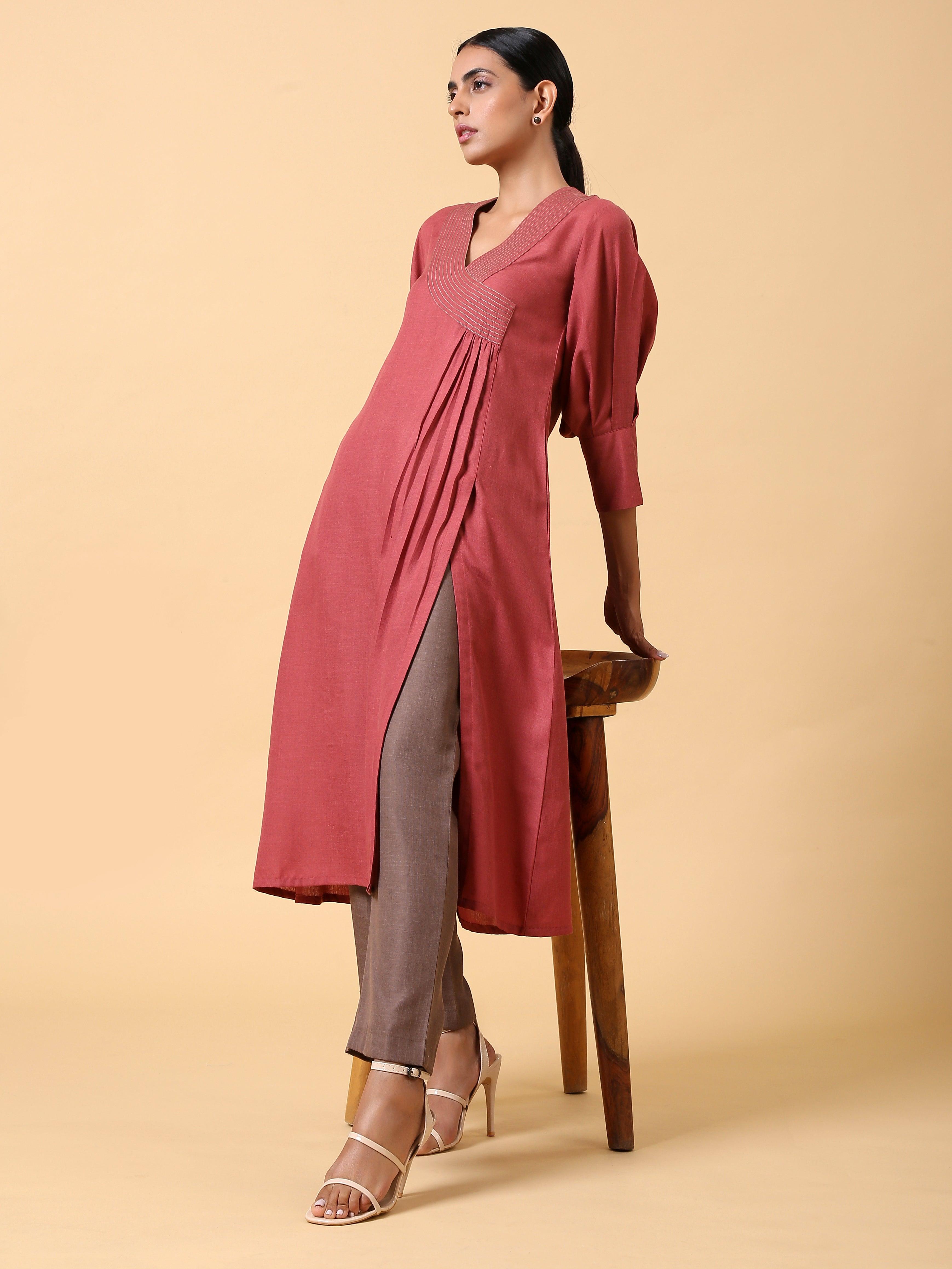 trueBrowns Cotton Linen Rust Red Kurta Pant Set - Distacart