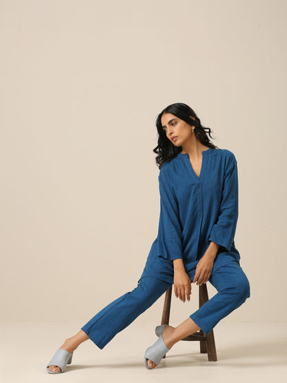 trueBrowns Classic Blue Slub Texture Relax Fit Co-Ord Set - Distacart