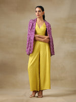 Thumbnail for trueBrowns Lime Green Bandhani Printed Silk Top Pant with Purple Printed Jacket Set - Distacart