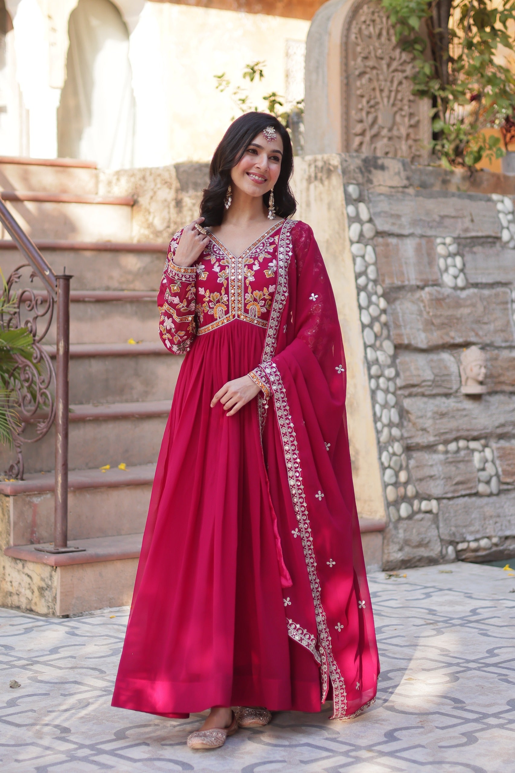 Anaita Red Georgette Readymade Anarkali Suit with Zari & Sequence Work - Dista
