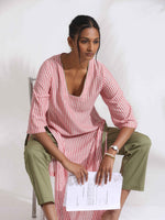 Thumbnail for trueBrowns Red Cotton Stripe Straight Kurta Set