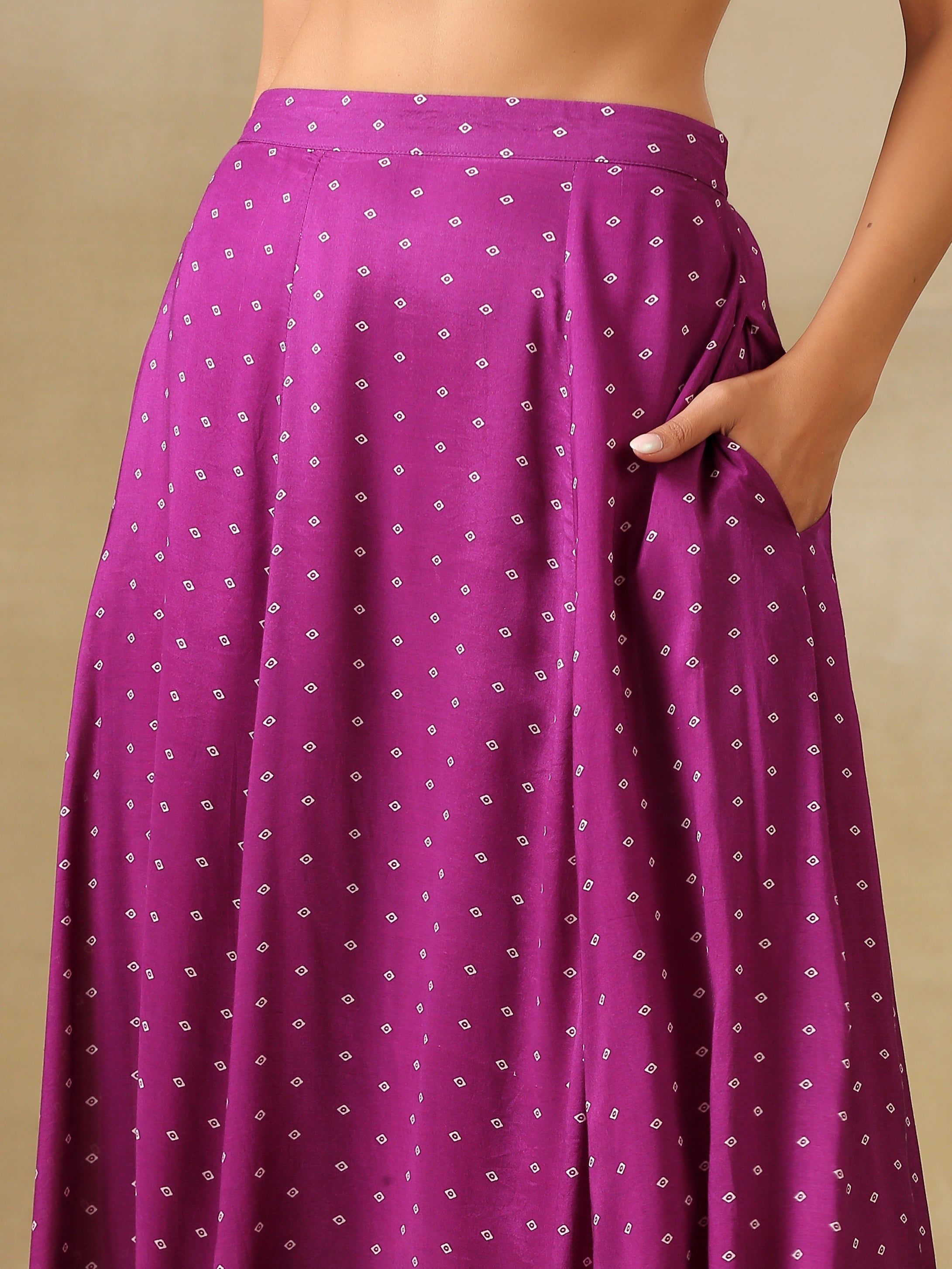 trueBrowns Purple Bandhani Printed Silk Top Skirt Jacket Set - Distacart