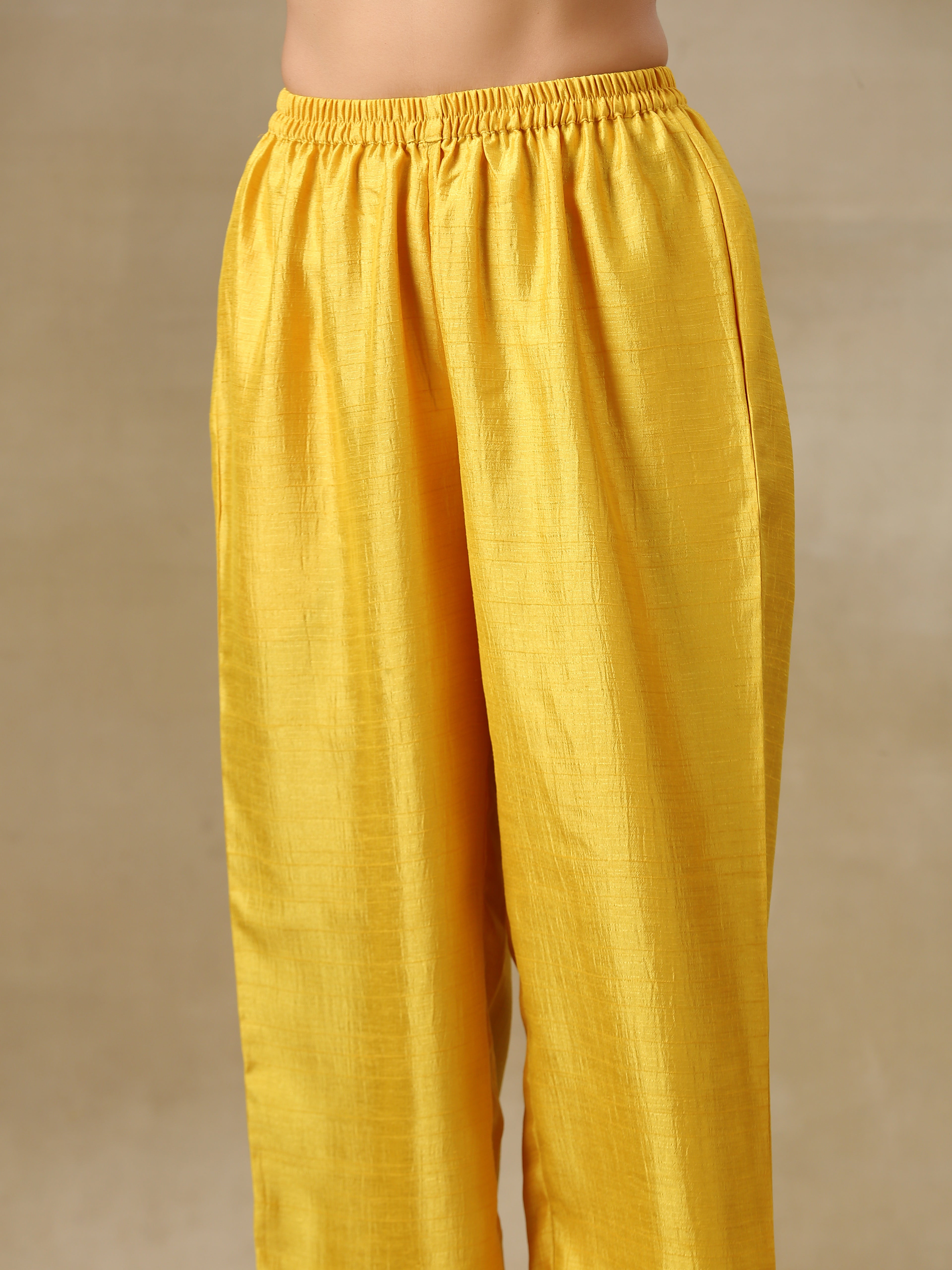 trueBrowns Yellow Textured Silk High Slit Gathered Kurta Set - Distacart