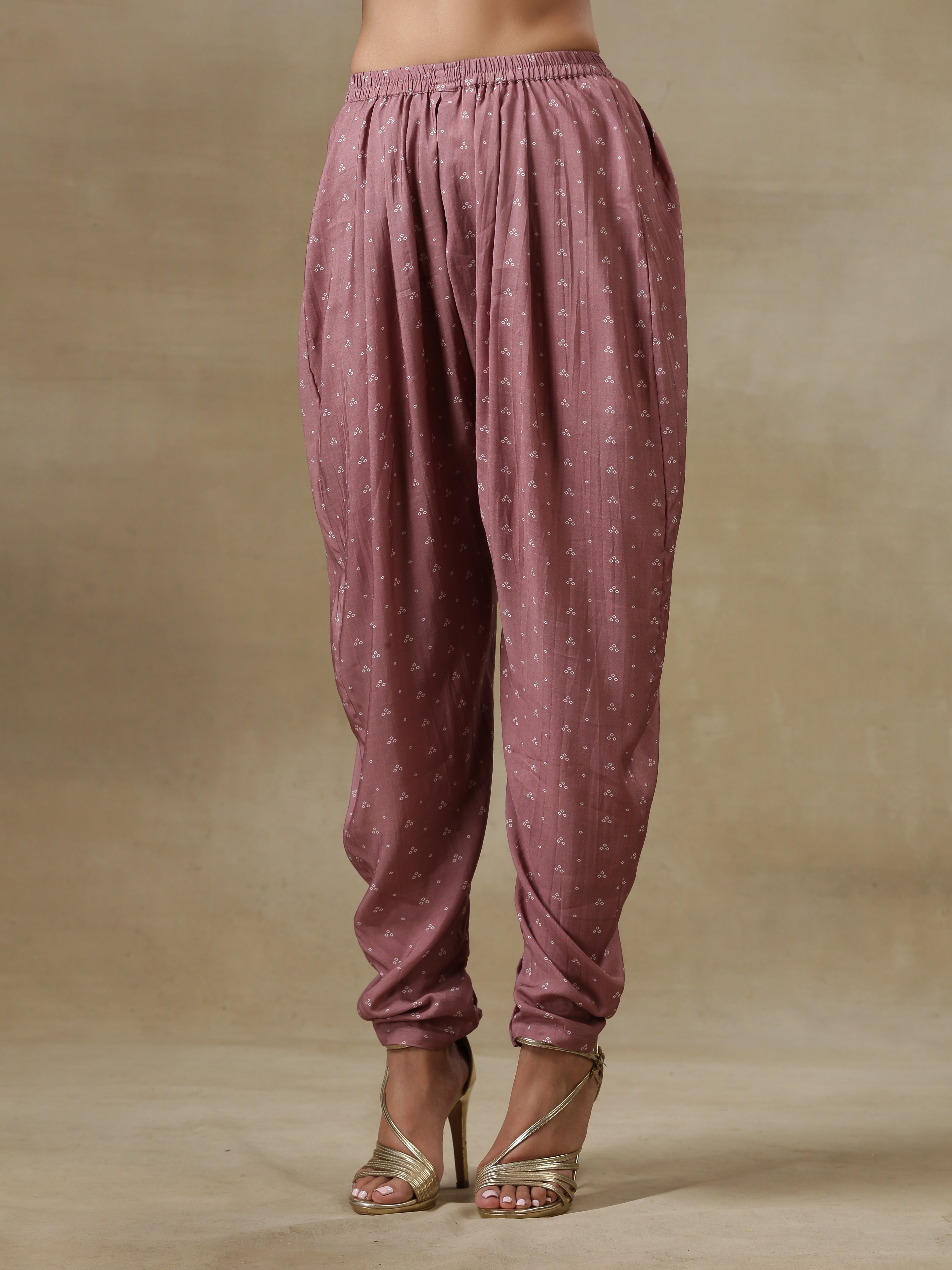 trueBrowns Dark Mauve Bandhani Printed Silk Loose Kurta Dhoti Pant Set - Distacart