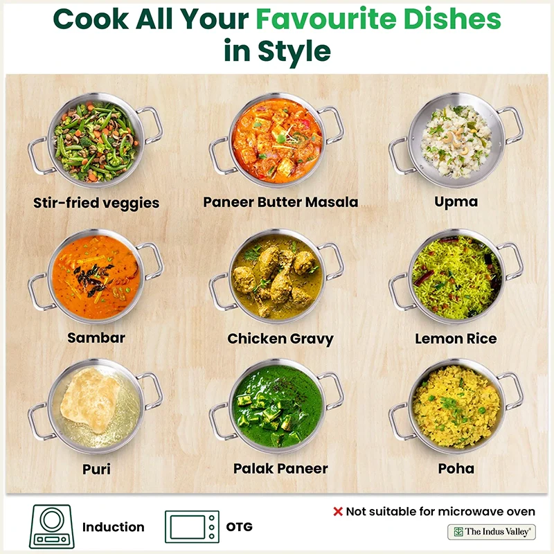 The Indus Valley TurboCuk Tri-ply Stainless Steel Kadai, Premium Quality, 3 Layer Thick Body, 100% Toxin-free, Non-stick, Induction & Gas, Free ₹110 Spatula, 1.7/2.7/3.5L - Distacart