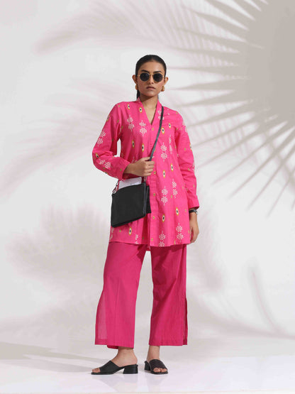 trueBrowns Pink Cotton Print Flared Top Co-ord Set - Distacart