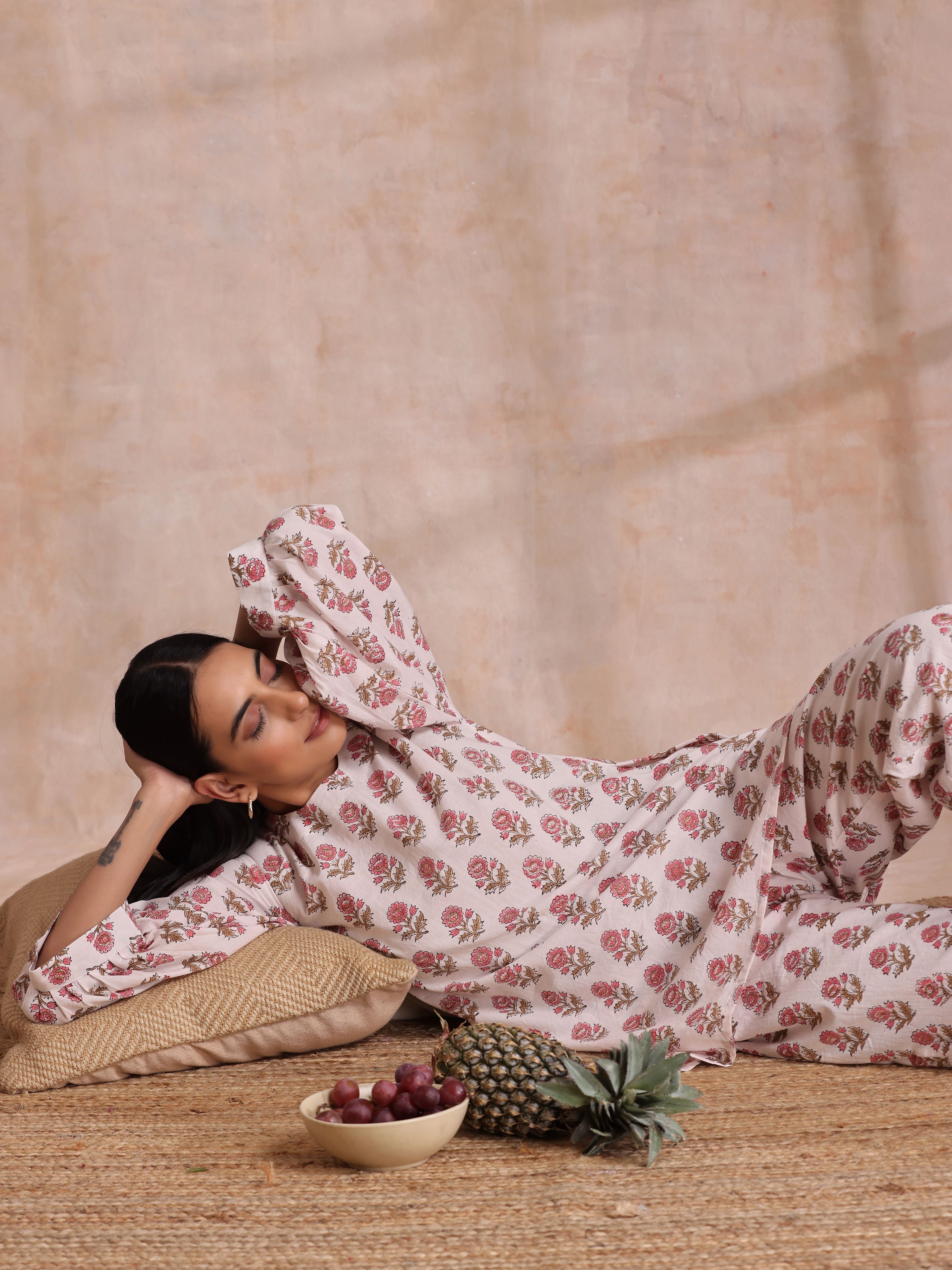 trueBrowns Pink Brown Buta On White Block Print Cotton Baggy Sleeve Co-Ord Set - Distacart