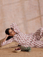 Thumbnail for trueBrowns Pink Brown Buta On White Block Print Cotton Baggy Sleeve Co-Ord Set - Distacart
