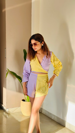 Thumbnail for Noroke Sustainable fabric | Linen Cotton Front Tie Linen Co-Ord Set Women - Purple Yellow