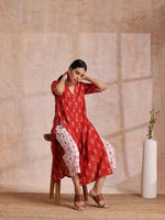 Thumbnail for trueBrowns Red On Red Ikat Print Cotton Kurta Pant Set - Distacart