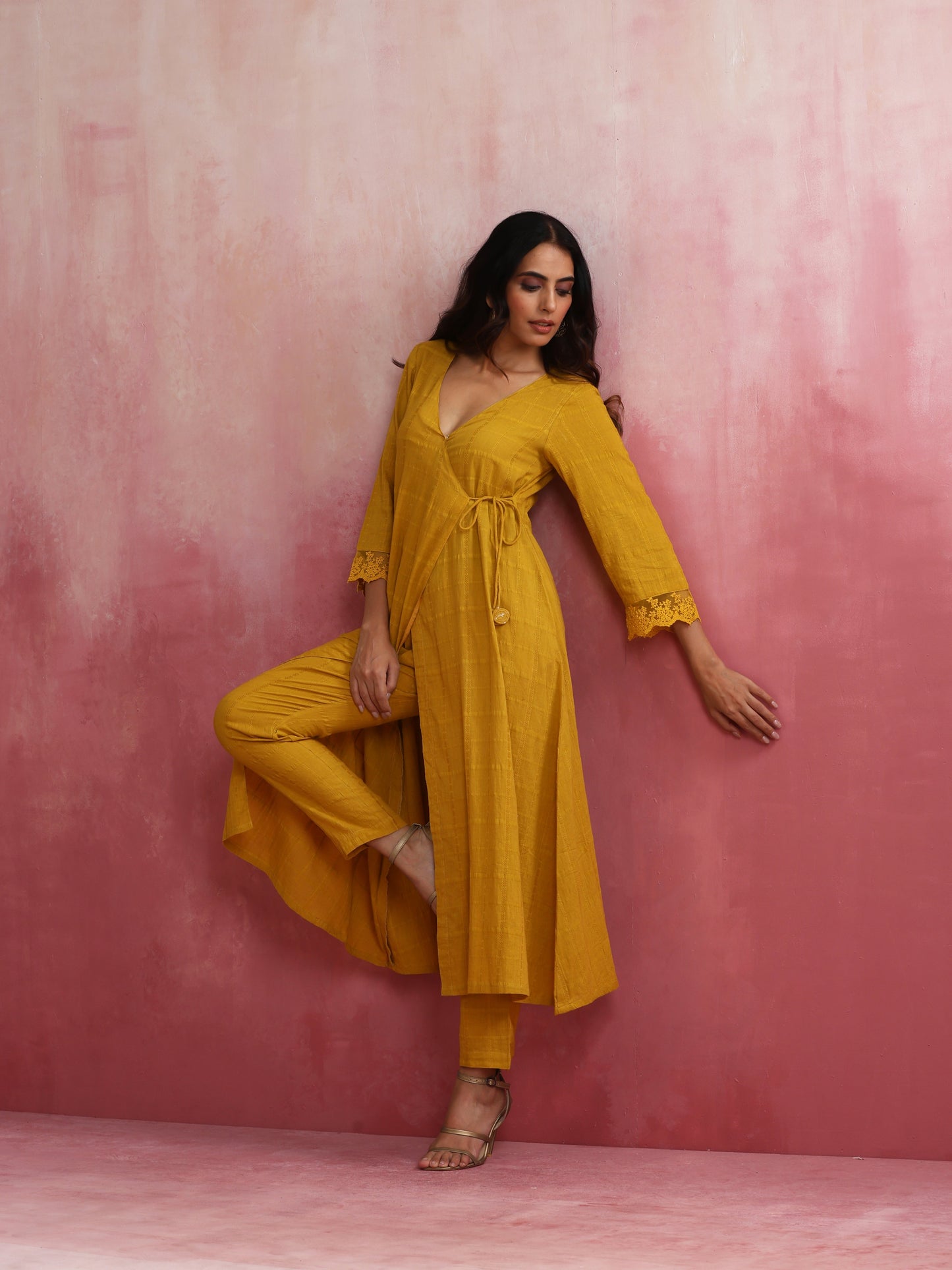 trueBrowns Mustard Cotton Dobby Kurta Set - Distacart