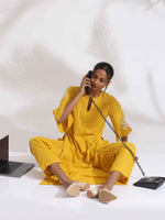 Thumbnail for trueBrowns Yellow Cotton Slub Embroidered Straight Kurta Set