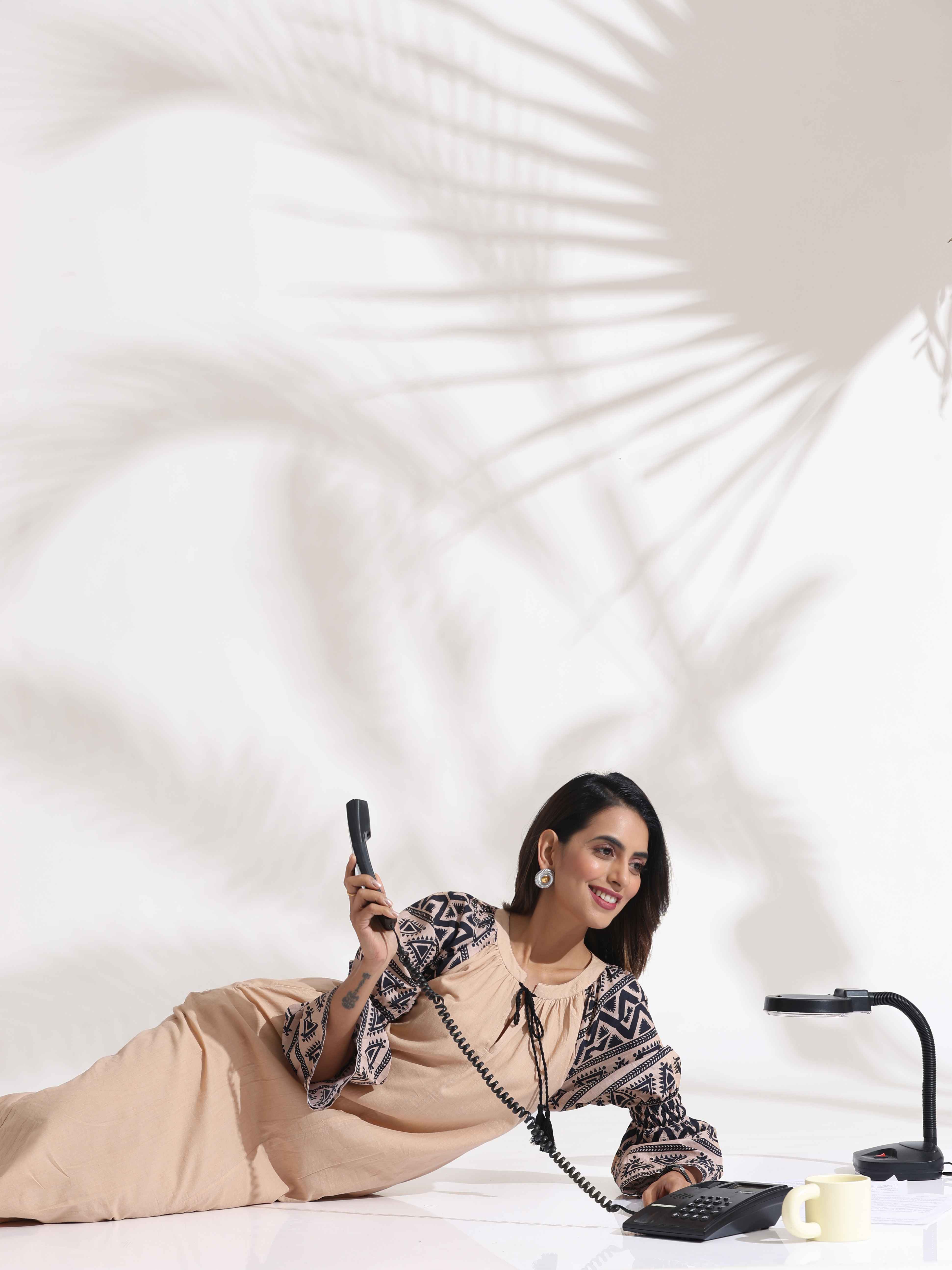 trueBrowns Beige Cotton Print Long Dress
