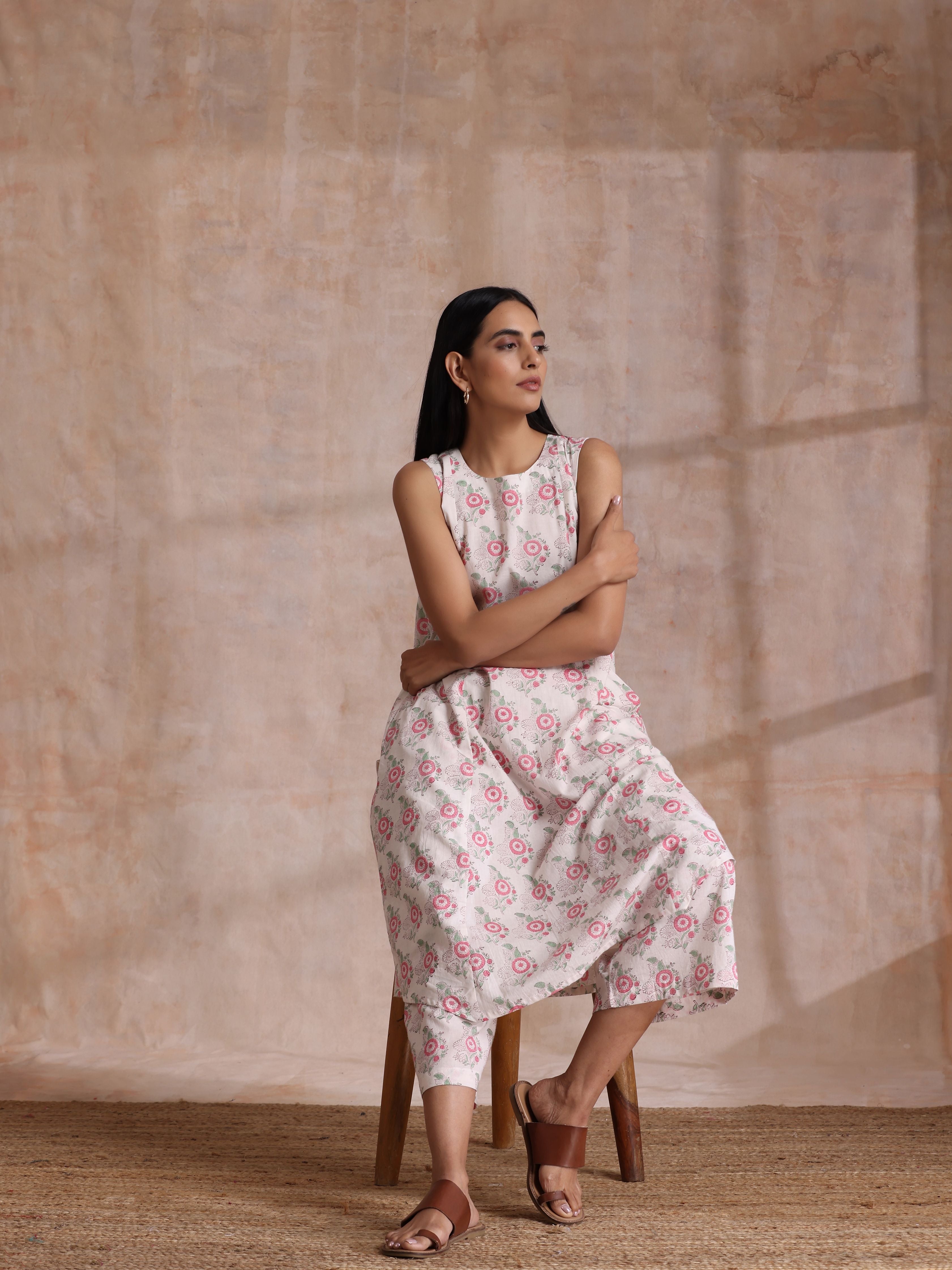 trueBrowns Pink Green Buta On White Block Print Cotton High-Low Co-Ord Set - Distacart