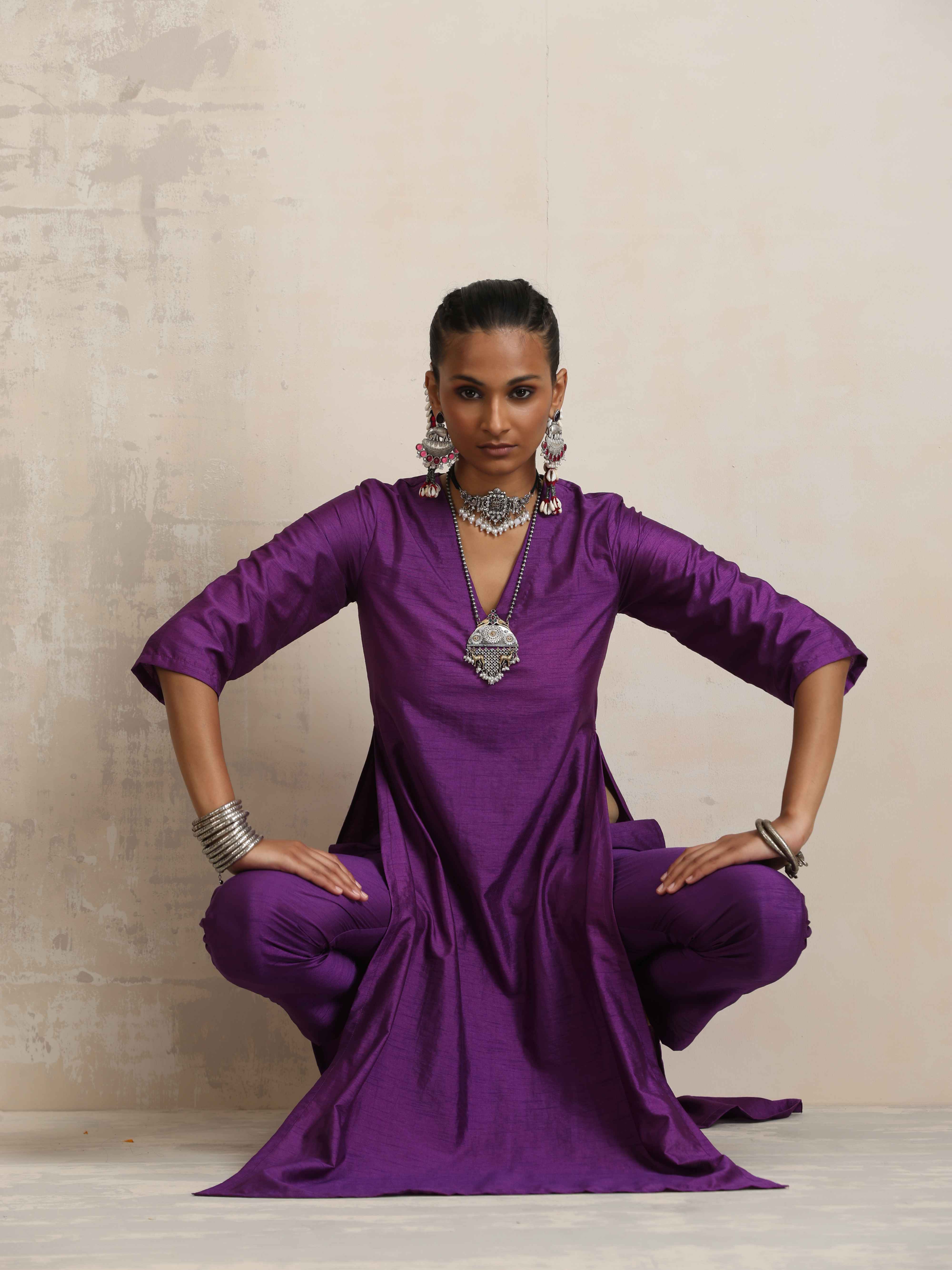 trueBrowns Purple Silk High Slit Kurta Set - Distacart
