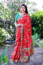 Thumbnail for Lorenvalley Fashion Premium Red Dola Silk Embroidery and Diamond work with Jacquard Lace Border Saree - Distacart